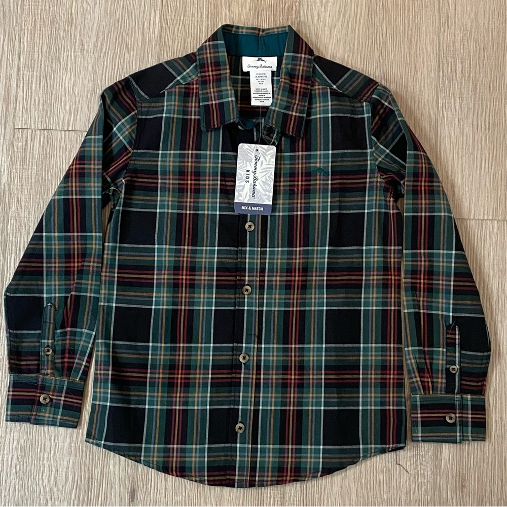 TOMMY Bahama Kids Green Plaid LS Button Up Dress Shirt Boys  Medium 7/8 NWT
